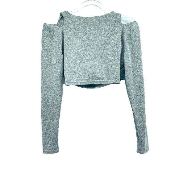 Crop Top Womens Large Cold Shoulder Heather Gray Surplice Faux Wrap V Neck Plung - Picture 5 of 7